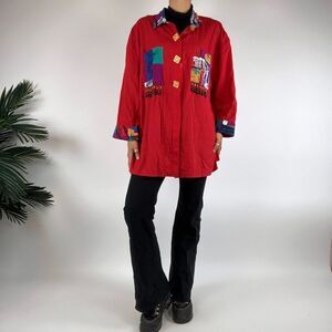 Vintage 80s 90s Grunge Red Oversized Indie Colorful Button Up Top / Size: 16W